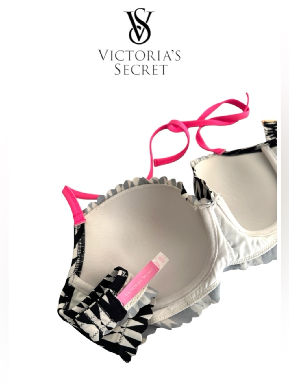 🛍️SALE🛍️ Victoria's Secret Black & White Refracted Geo Bikini Top w/ Pink Straps - Picture 5 of 7